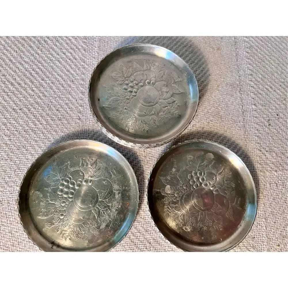 8 Vintage Metal Aluminum Forged Coasters Fruit Flower Pattern Scallop Edge Retro